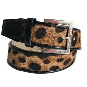 Vtg Calvin Klein Brown Black Leather Belt Womens Size M Cow Fur Spots Cowgirl